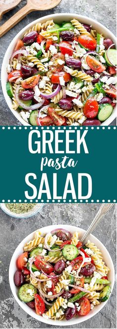 greek pasta salad with tomatoes, cucumbers and olives