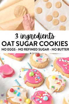 three ingredient oat sugar cookies with pink frosting and sprinkles