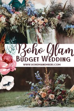 the boho glam budget wedding is on display in front of two bridesmaids