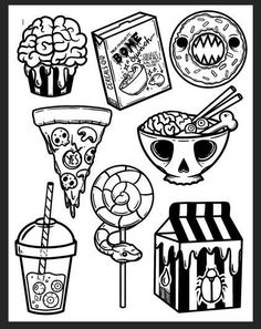 black and white drawing of various items for the halloween themed party, including pizza, candy bar, popcorn box, lollipop popicle, cup, skull, spider web