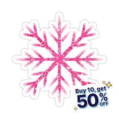 pink snowflake sticker on white background with 50 % off sale sign below