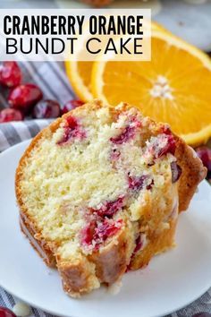 cranberry orange bundt cake on a white plate