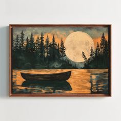 a painting of a boat in the water at night with a full moon above it