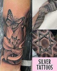 tattoos are being displayed on the arm, and an image of a flower with a butterfly