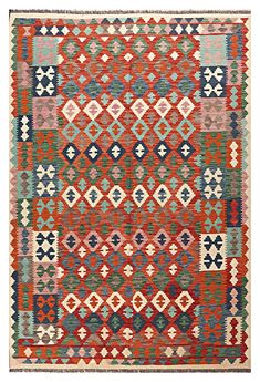 an orange, blue and red rug with many different patterns on the front side of it