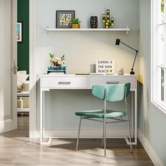 a white desk with a blue chair in front of it