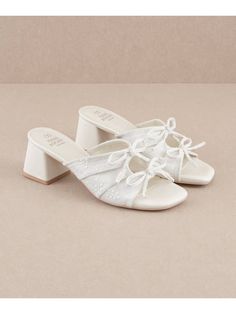 The Emerald White | Double Bow Peep Hole Sandal-Sandals-Krush Kandy Slip On Heels, Summer Soft, Rounded Square, Double Bow, Wrap Heels, Kandy, Soft Girl, Low Heels, Bow Tie