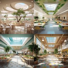 four different views of the inside of a restaurant and dining room with tables, chairs, and potted plants