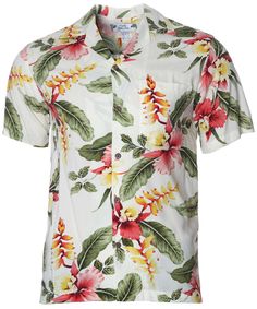 Men Rayon Hawaiian Shirt Orchid Pua Beige Two Palms White Summer Shirt With Pockets, White Relaxed Fit Camp Shirt With Pockets, White Cotton Tropical Camp Shirt, White Tropical Cotton Shirt, White Tropical Cotton Camp Shirt, White Camp Shirt With Pockets And Camp Collar, Collared Hawaiian Shirt With Pockets For Beach, White Cotton Hawaiian Shirt With Tropical Print, White Cotton Hawaiian Tropical Shirt