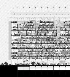 an architectural drawing of a large building with lots of windows and people standing around it