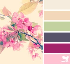 the color scheme is pink, green and yellow with red flowers on it's branches