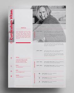 a white and red resume template with an image of a woman on the front page