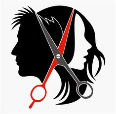 a woman's profile with scissors and haircuts on her head in black and red