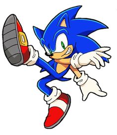 sonic the hedge is flying through the air with his foot up and one leg out