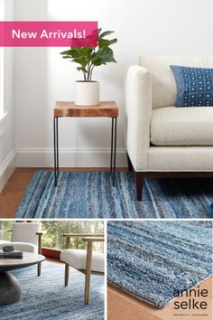 a living room with furniture and rugs in blue, white, and grey colors