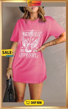 Pink Guitar Slogan Letter Graphic Print Oversized T Shirt Casual Cotton T-shirt For Concert, Casual Summer T-shirt For Concerts, Oversized Band Merch T-shirt For Spring, Fall Concert T-shirt With Text Print, Casual T-shirt For Concert, Oversized Band Merch T-shirt For Fall, Casual Concert T-shirt With Text Print, Oversized Short Sleeve T-shirt For Concerts, Casual Crew Neck T-shirt For Concert