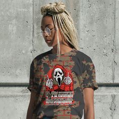 Brand Dunkare Olive 9s Shirt - FCK And Find Out Graphic Halloween All Over Print Unisex Shirt Urban Crew Neck Top For Halloween, Urban Halloween Crew Neck Top, Casual Halloween Shirt With All Over Print, Casual Halloween Streetwear Shirt, Grunge Halloween Streetwear Shirt, Horror Crew Neck Tops For Streetwear, Casual Halloween T-shirt With All Over Print, Halloween Streetwear Shirt With Sublimation Print, Casual Halloween Fan Merchandise T-shirt