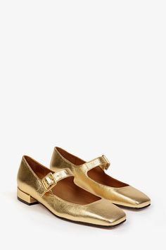 Leather upper, insole, sole Buckle styling Imported | Low Mary Jane Flats by Penelope Chilvers in Gold, Women's, Size: 42, Leather at Anthropologie Luxury Gold Flats For Evening, Luxury Gold Flats For Spring, Elegant Gold Ankle Strap Flats, Luxury Gold Flats With Round Toe, Gold Leather-sole Flats For Work, Gold Flats With Leather Sole For Work, Gold Flats For Work, Gold Flats With Removable Insole And Low Heel, Gold Ankle Strap Flats