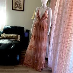 Nice Good New Condition Cocktail Party Dress. Light Peach Color. Please Feel Free To Ask Questions And No Returns. Smoke And Pet Free Home Thank You. Summer Party Gown In Lace, Summer Party Lace Gown, Summer Lace Gown For Party, Party Sheer Maxi Dress, Sheer Maxi Dress For Party, Sheer V-neck Maxi Dress For Party, Party Lace V-neck Maxi Dress, Lace V-neck Maxi Dress For Party, Spring Party Gown With V-neck