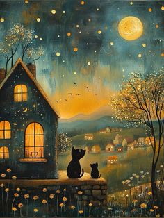 a painting of two cats sitting on a ledge in front of a house at night