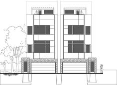 an architectural drawing of two tall buildings with trees on each side and a man standing in front of the building