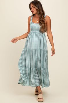 Light Blue Plaid Tiered Maternity Maxi Dress Light Blue Plaid, Athleisure Dress, Maternity Maxi Dress, Matching Sets Outfit, White Boho Dress, Maternity Maxi, Baby Shower Dresses, Shower Dresses, Pregnancy Maxi Dress