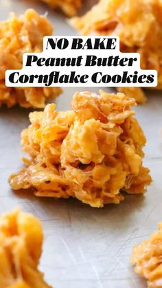 no bake peanut butter cornflake cookies on a baking sheet with text overlay