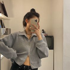 Sonicelife Korean Fashion Gray Zipper Sweatshirt Women Harajuku Oversi Zipper Sweatshirt, Oversized Long Sleeve, Sweatshirt Zipper, Long Sleeve Jacket, Sweatshirt Women, Sleeve Jacket, Long Sleeves Jacket, Crop Tops Women, Sweatshirts Women