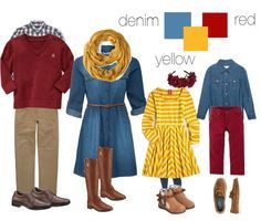 three different types of clothing are shown in this image with the words, denim yellow and red