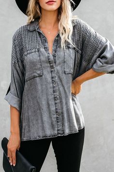 DETAILS SHIPPING&RETURN Size Guide Long Sleeve Shirt100% CottonImported Gain some serious style cred with the On My Level Denim Button Up Shirt! This jean shirt inspired denim top features a classic collared neckline. nickel button placket. and front shadow pocket. Long sleeves and buttoning cuffs frame the boxy bodice while a frayed hem gives this top an ultra-trendy look! Shipping & Return Receiving time = Processing time + Shipping time Processing Time: 3-5 Business Days. Standard Shipping: 7 Casual Denim Blue Blouse With Buttons, Trendy Denim Button-up Blouse, Trendy Button-up Denim Blouse, Washed Black Denim Button-up Top, Medium Wash Button-up Blouse With Pockets, Denim Button-up Blouse With Pockets, Washed Long Sleeve Relaxed Fit Blouse, Washed Long Sleeve Blouse With Relaxed Fit, Casual Denim Blouse With Buttons