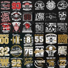 a large number of different logos and numbers on a black background, all in gold and white