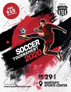 the soccer tournament poster with a man kicking a ball on it's back ground