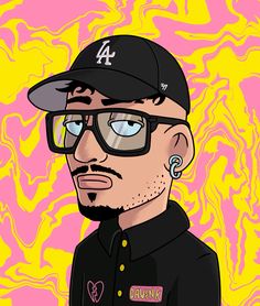 a drawing of a man with glasses and a baseball cap in front of a pink background