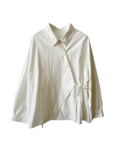 Irregular Clipping Long Sleeve Lace-Up Solid Color Lapel Blouses: Unique Sophistication Loose Silhouette Fashion, Unique Clothing Pieces, Blouse Fitting, Collared Shirt Outfit, Japanese Blouse, Sew Blouse, Tops With Sleeves, Layering Tops, Blouse Simple