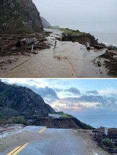 two pictures side by side one with water and the other with mud on it's sides