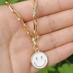 Brand New Smiley Happy Face Necklace In White Fashion Jewelry Plated Metal In Gold Tone Easy To Use Lobster Clasp 16" Long With 2" Extender Chain Free Gift Pouch Face Jewelry, Smiley Happy, Face Jewellery, Face Necklace, White Smile, Gift Pouch, Happy Face, White Fashion, Smiley Face