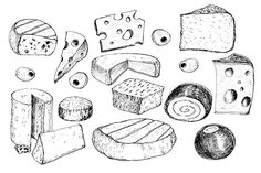 a bunch of different types of cheese on a white background