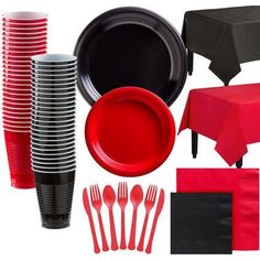 red and black party supplies including plates, napkins, forks and knives