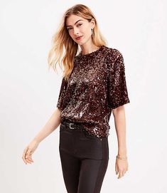 A simply perfect and understated silhouette illuminated by sequins, this top is a polished approach to a little glam for every day - and evening, too. Round neck. Short sleeves with puff shoulders. Back hook-and-eye closure. Lined.,Bullet1:22 1/2" long,Fabric:Fabric: Fluid woven,Imported:Imported,Fit:Fit: Relaxed - an easy shape that's just shy of loose,Length:Length: Regular - hits below natural waist,Fabrication:Shell: 95% Polyester 5% SpandexLining: 100% Polyester,Garment Care:Machine Washabl Sequins Top Outfit, Stylish Petite, Sequin Shirt, Easy Shape, Love Now, Petite Tops, Women Shirts Blouse, Sequin Top, Tops For Women