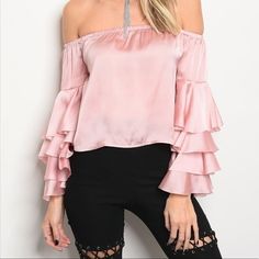 Long Sleeve Off The Shoulder Satin Top Featuring Ruffled Detailed Sleeves. New With Tags Blush Pink Bct9023 Location A Fall Ruffled Off-shoulder Top, Elegant Spring Off-shoulder Top For Brunch, Elegant Off-shoulder Top For Spring Brunch, Spring Ruffled Off-shoulder Top For Night Out, Off-shoulder Ruffle Blouse For Brunch, Spring Off-shoulder Top With Ruffles For Night Out, Trendy Off-shoulder Top With Ruffles And Long Sleeves, Feminine Off-shoulder Top For Brunch, Fitted Off-shoulder Top With Ruffles For Brunch