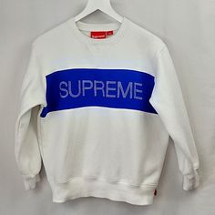 Zig Zag Stitch Panel Crewneck Sweatshirt From Supreme In Very Good Pre Owned Condition! White With Royal Blue Panel & White Zig Zag Stitching 100% Cotton Size Small (See Photo Of Measurements) One Very Small, Very Light Stain On Front Under Panel & One Very Light Spot On Right Sleeve (See Photos) 2471 White Logo Print Sweater For Fall, White Cotton Sweater With Logo Print, Classic White Sweater With Embroidered Logo, Blue Crew Neck Sweater With Logo Print, Blue Sporty Sweater With Embroidered Logo, White Crew Neck Sweatshirt With Embroidered Logo, White Embroidered Logo Crew Neck Sweatshirt, White Embroidered Logo Sweater For Fall, White Top With Embroidered Logo For Streetwear