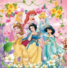 disney princesses are standing together in front of flowers