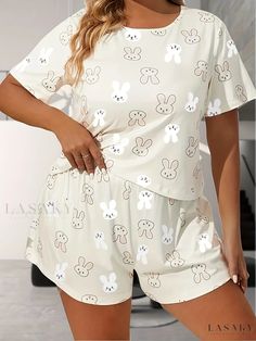 Lasaky - Delightful Plus Size Pajama Set for Women: Adorable Rabbit Print Short Sleeve Round Neck Tee & Shorts Lounge Two Piece Set Tee Shorts, Plus Size Pajamas, Rabbit Print, Round Neck Tees, Two Piece Set, Two Piece Sets, Set For Women, Autumn Summer, Printed Shorts