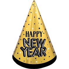 a party hat with the words happy new year written in black and gold on it