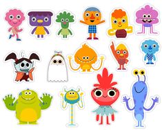 various stickers with different cartoon characters on them, all in different colors and sizes