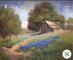 an oil painting of a farm with blue flowers