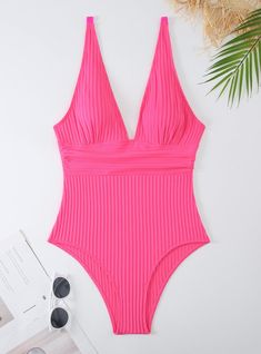 One-piece V-neck Backless Bikini V-neck Bodysuit With Lined Body For Beach Party, Pink V-neck Bodysuit With Lined Body, Pink V-neck Swimwear For Beach, Chic Pink Bodysuit For Pool, Pink V-neck Swimwear For Beach Party, Solid V-neck Swimwear For Party, Solid Color V-neck Swimwear For Party, Solid Color V-neck Party Swimwear, Pink Triangle Top Bodysuit For Swimming