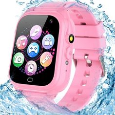 a child's smart watch with water splashing around it