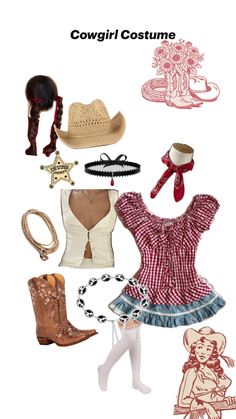 an image of a woman's costume with cowboy hats, boots and other accessories