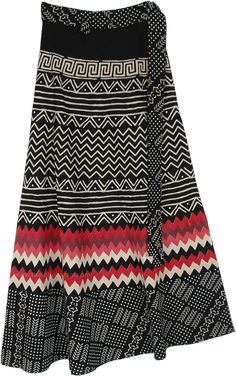 A casual street wear wrap around cotton skirt with bohemian style tribal print - the skirt has a black base with mainly white tribal style print on it, but also have a red and maroon zig-zag wave print near the bottom.  The wide hemline gives the skirt a flared and niche bohemian look. #tlb #WrapAroundSkirt #XLPlus #Printed #WrapSkirt #GypsyWrapSkirt #TribalWrap Black Cotton Bohemian Skirt, Black Bohemian Cotton Skirt, Traditional Black Cotton Skirt, Black Cotton Wrap Skirt For Summer, Red Bohemian Wrap Skirt, Bohemian Black Long Wrap Skirt, Black Bohemian Flowy Wrap Skirt, Bohemian Black Flowy Wrap Skirt, Bohemian Red Flowy Wrap Skirt